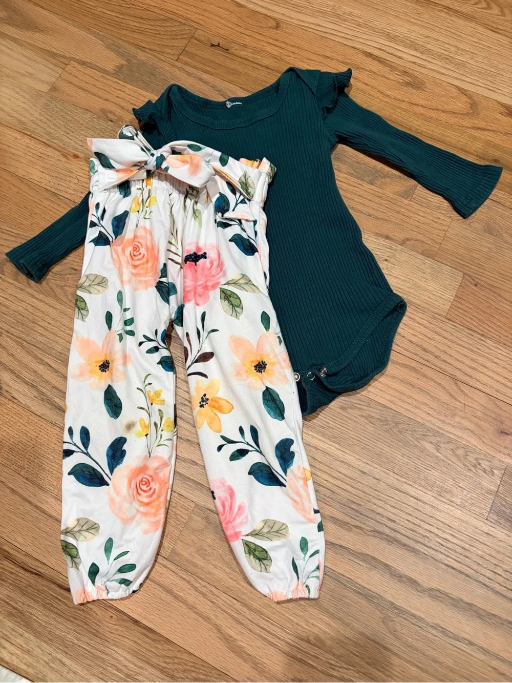 Toddler girl hunter green onesie and paperbag floral print outfit
